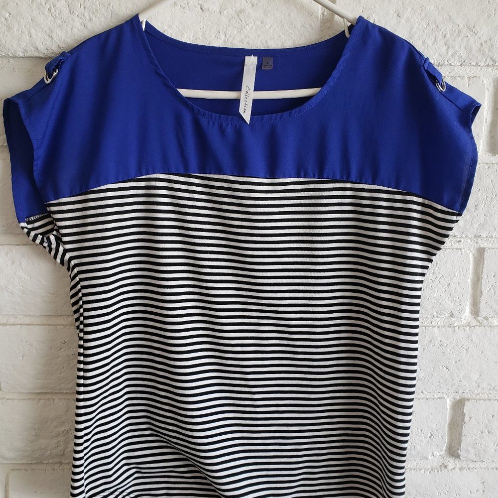 Blue Top with Black and White Stripes Short Sleeve Tee Blouse